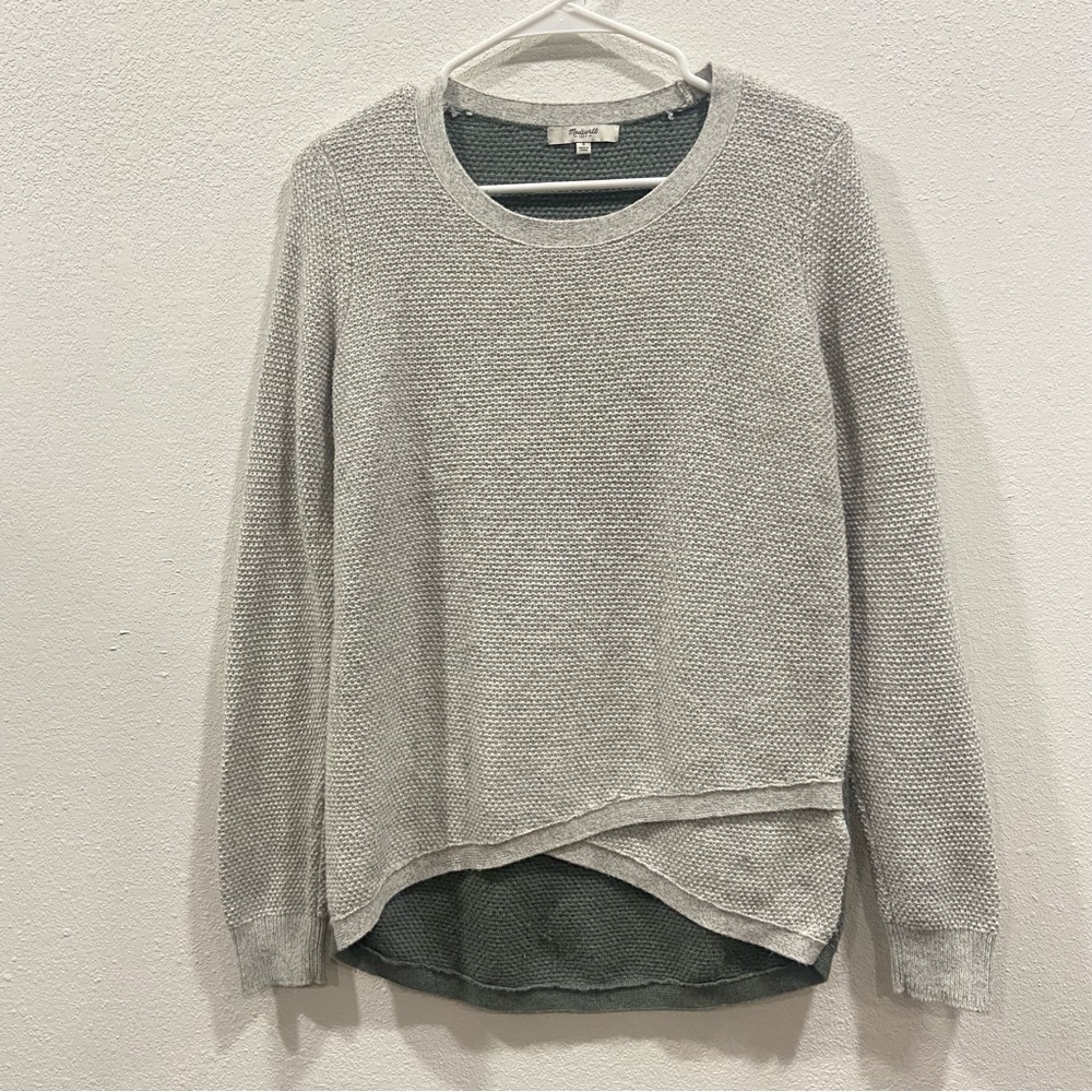 Madewell Crew neck Long Sleeve Sweater Grey Green Cotten Blend Sz S High Low Hem